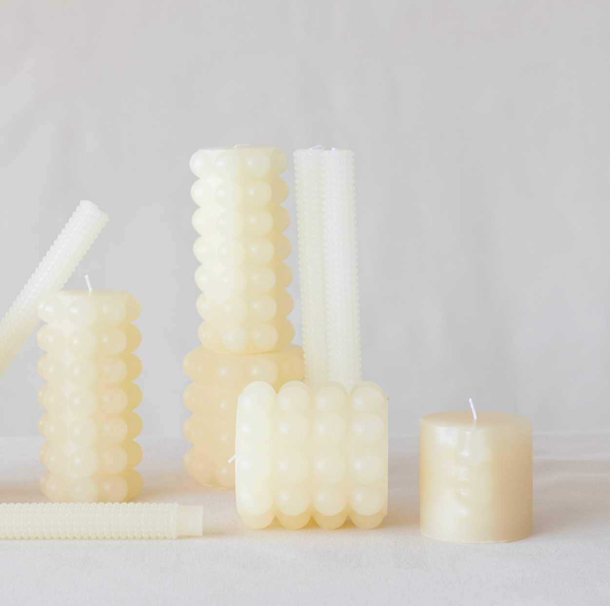Cream Hobnail Taper Candles, S/2